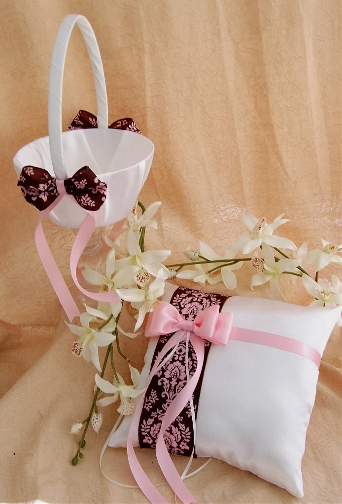 Damask Wedding Flower Girl Basket and Ring Bearer Pillow Set Chocolate 