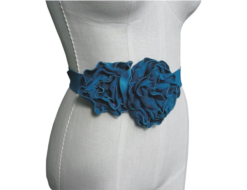 Turquoise Suede Flower Sash Wedding Dress Tie on Belt Leather Girly Girl 