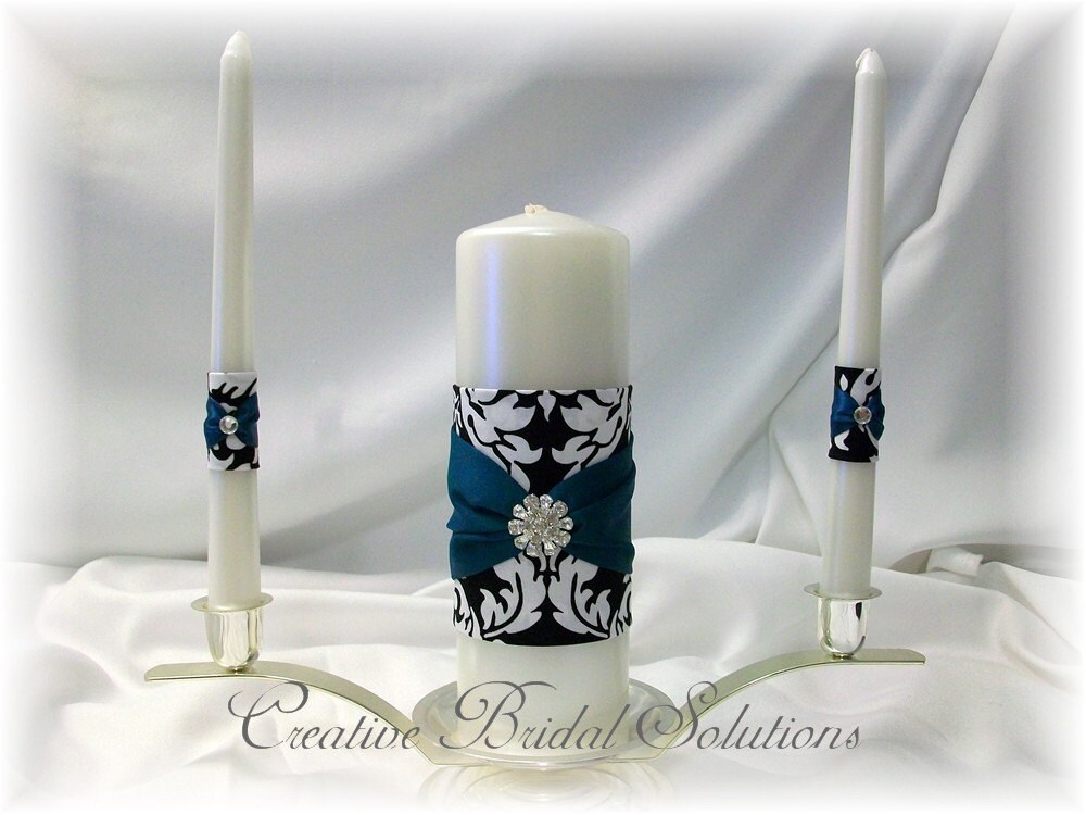 Black and White MM Damask with Teal Wedding Unity Candle Set