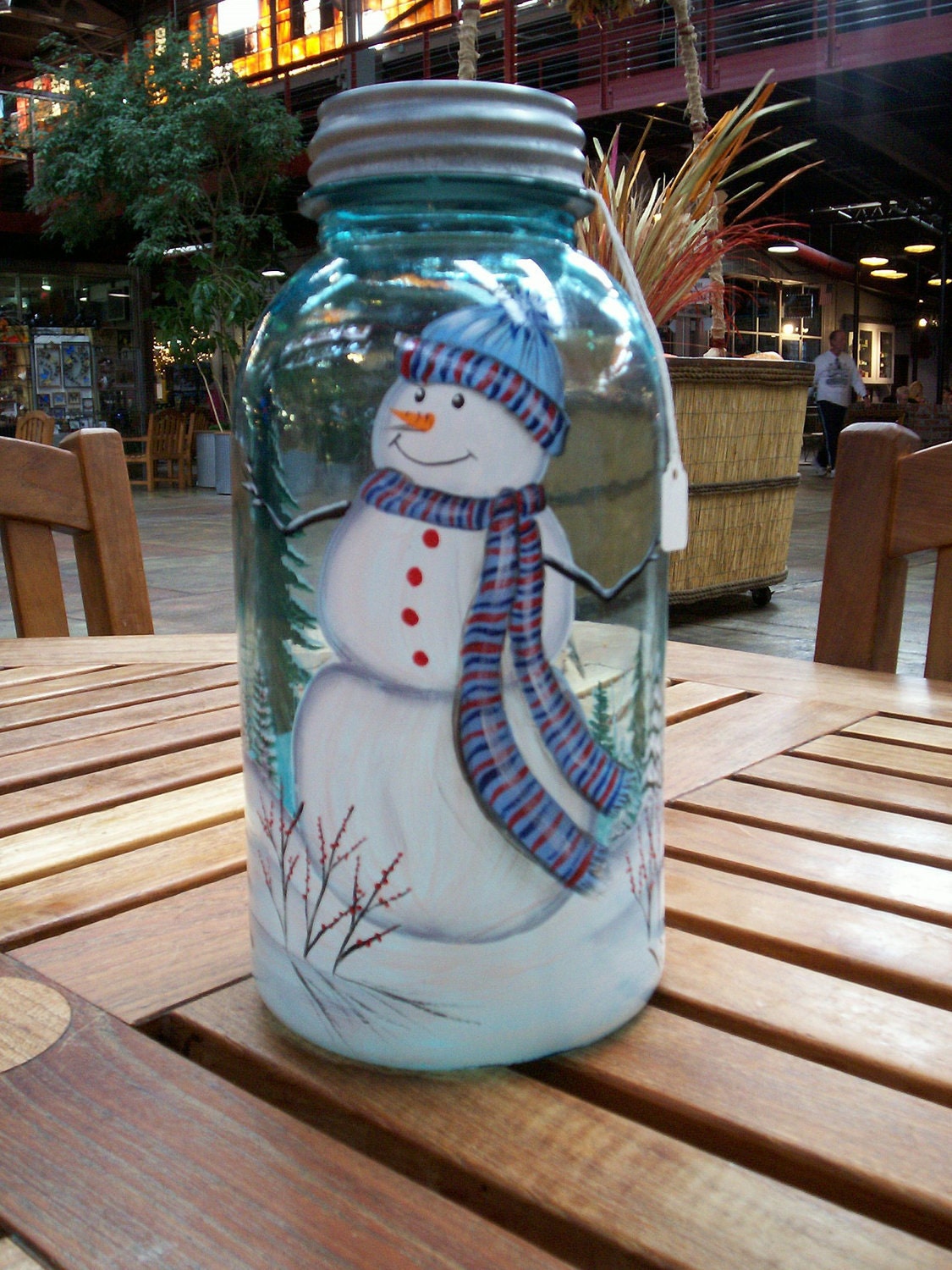 Painted Mason Jars for Christmas decor. I have a cute snowman one too that I put a candle or