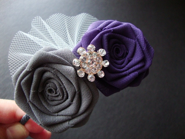 Gray Eggplant Rose Headband Hair Comb Clip Bride Bridal Silk Wedding