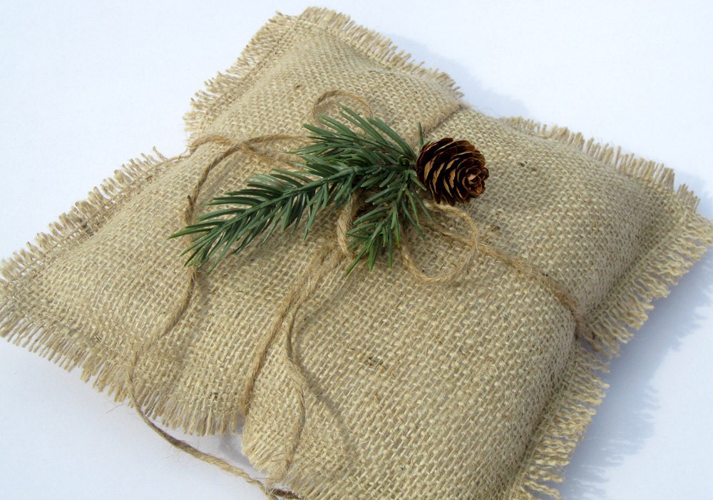 Burlap Ring Pillow with Pine Sprig and Pinecone Rustic Christmas Wedding