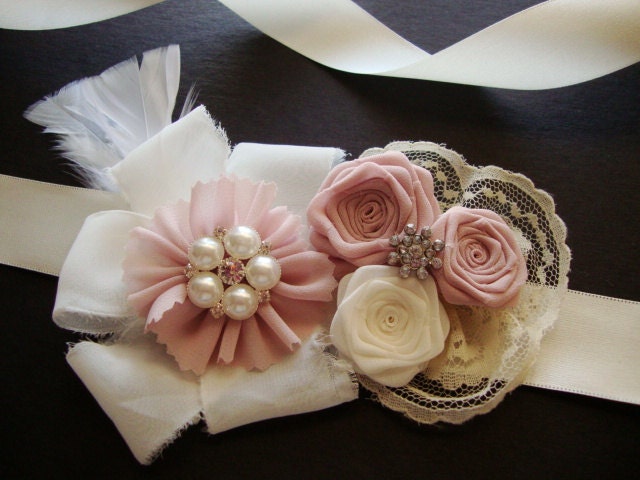 Cherry Blossom Ivory Rose Corsage Sash Bride Bridal Silk Bud Headband 