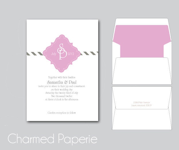 Lavender Monogram Wedding Invitation with RSVP and White Envelopes