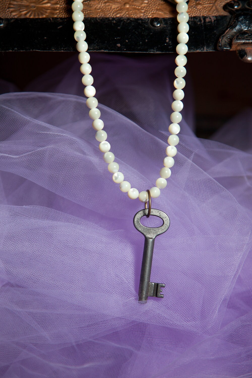 white marble bead skeleton key necklace