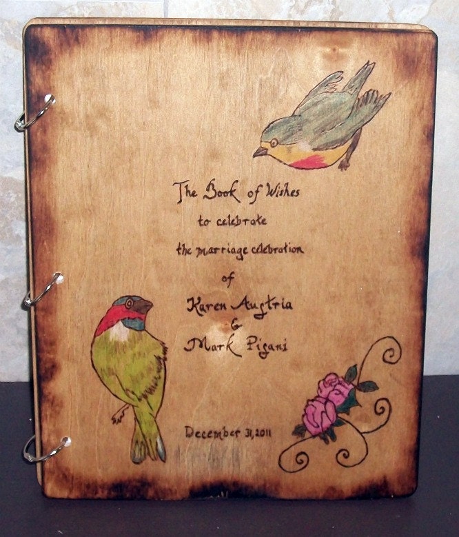 Wedding Guest Book Wood With Burned edges and Personalized Bird Design
