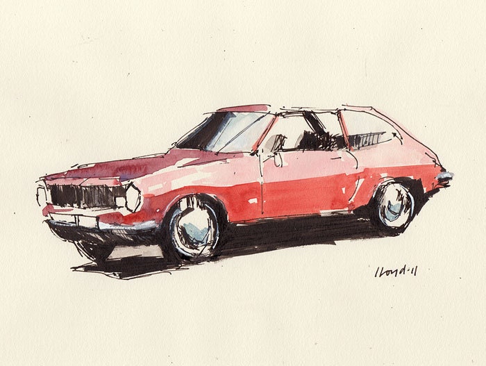 Original Painting Auto Car Retro Seventies 70 39s Ford Pinto Red Watercolor