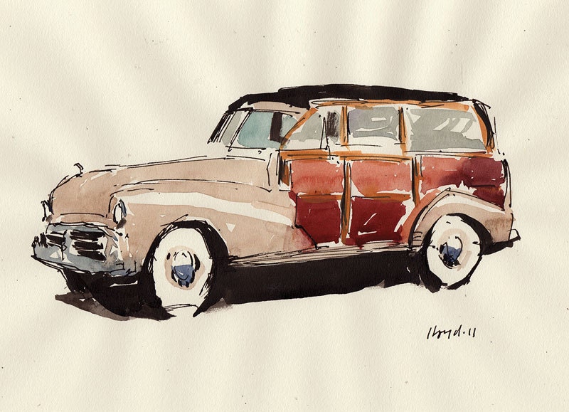 Original Painting Auto Car Retro Woodie Watercolor Sketch Drawing 8x10 Line