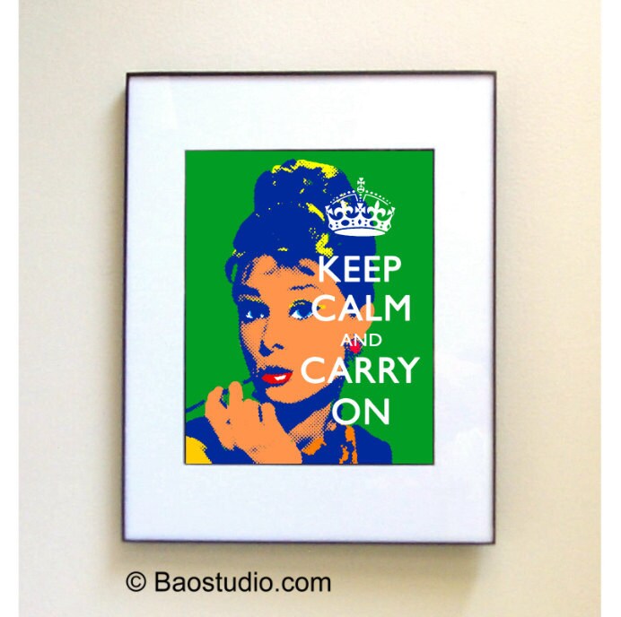 Keep Calm and Carry On Audrey Hepburn Green Framed Pop Art signed dated