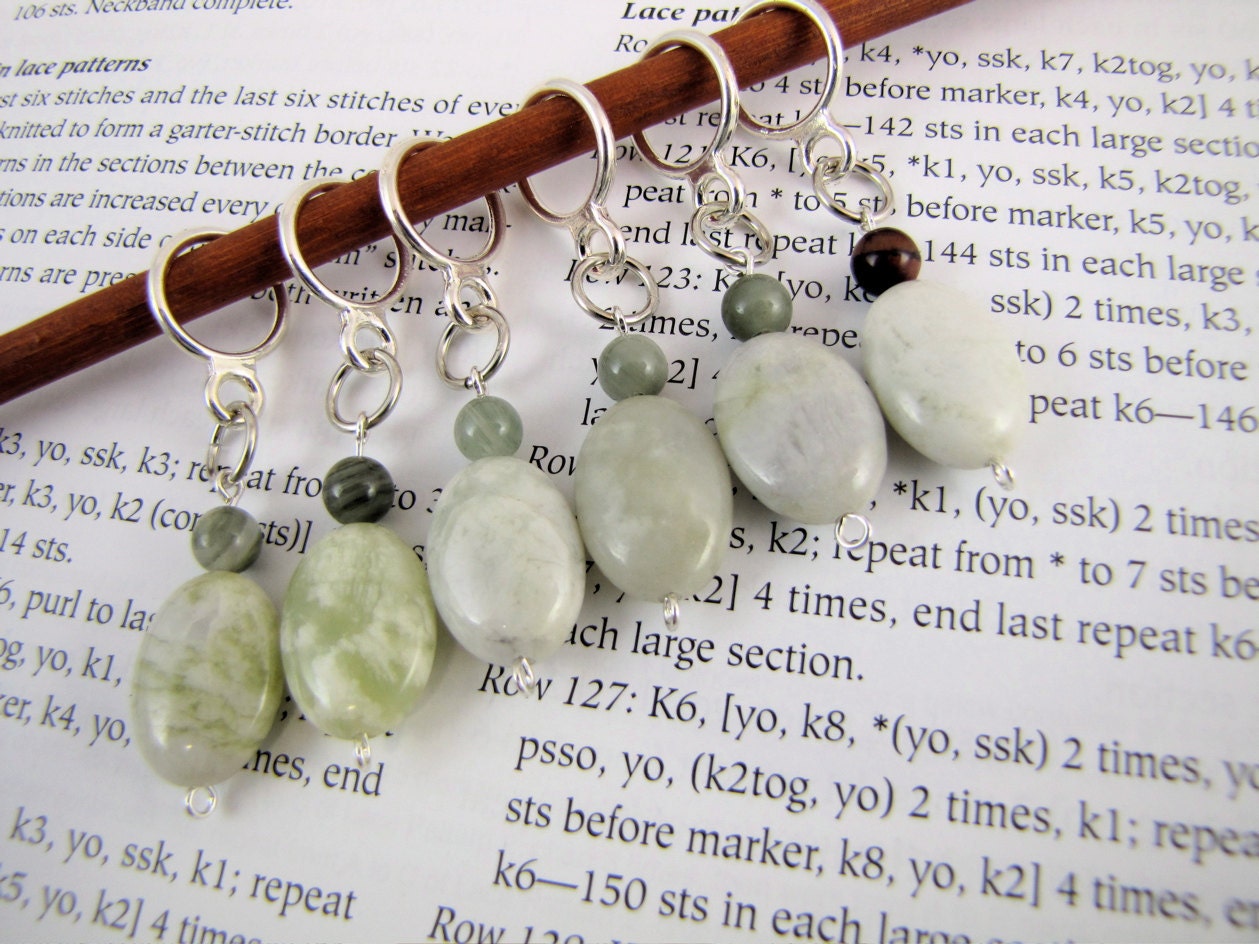 set of 6 oval stitch markers, new jade ranging from light grass green & mottled to very pale grey-green