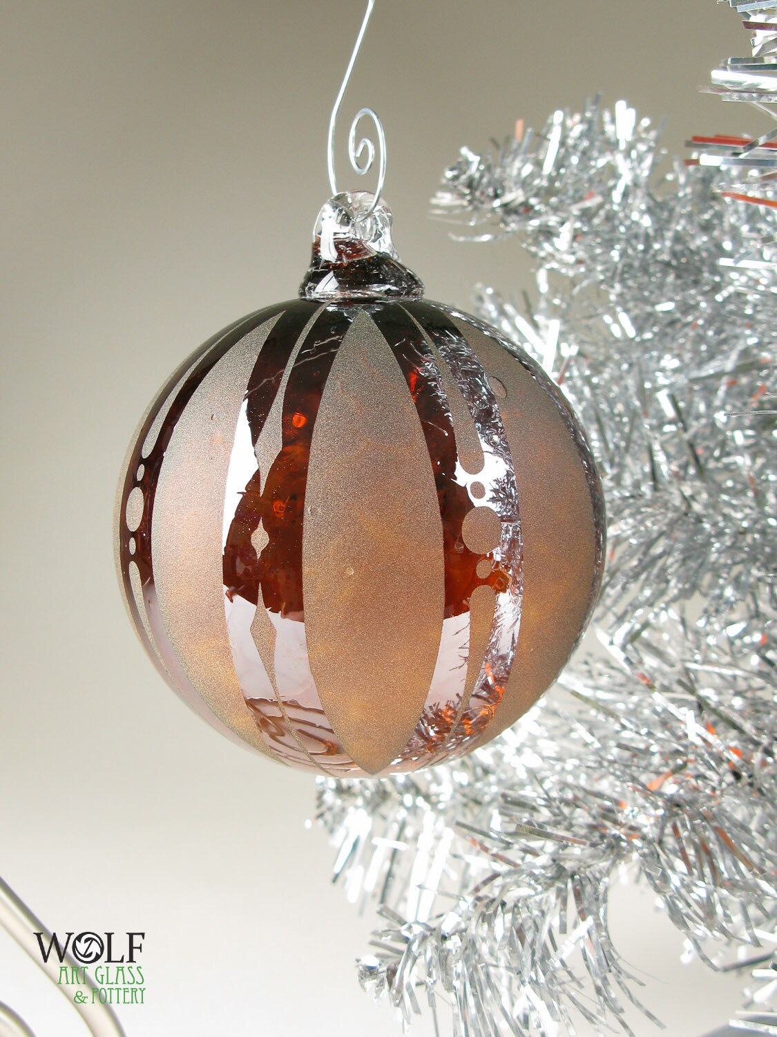 Glass Christmas Tree Ornament Signature Series Amber Retro Multi Stripe Etch