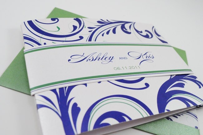 Elegant Script Wedding Invitations in Apple Green and Royal Blue with 