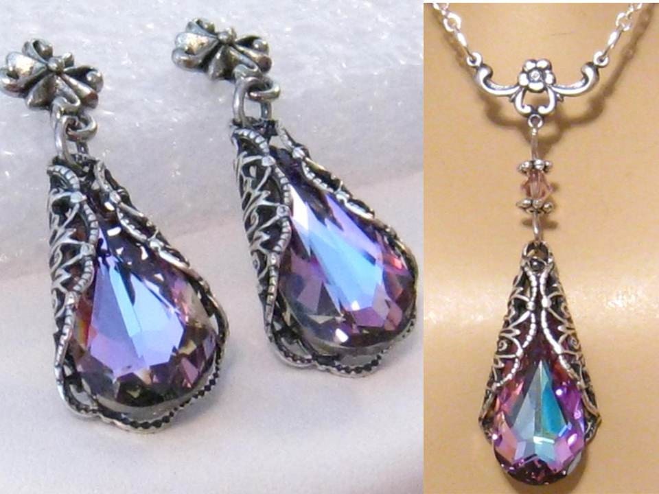 Purple Crystal Bridesmaids Jewelry Set Romantic Victorian Vitrail Light 