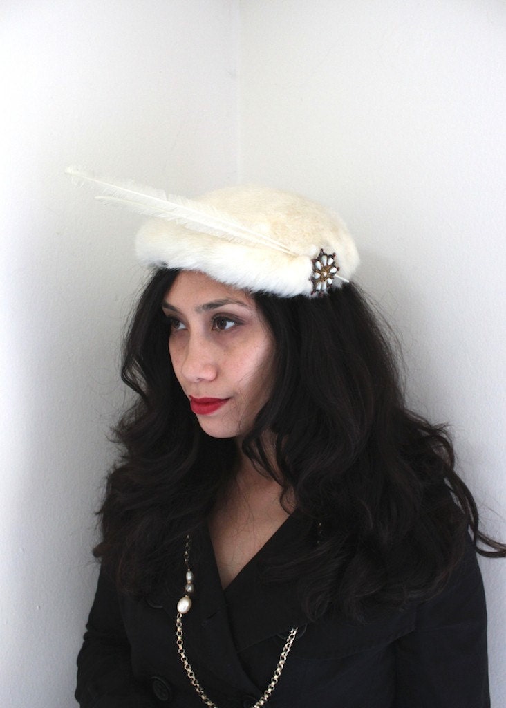  White Fur and Feather Fascinator Hat with Headbands Winter Wedding Hat