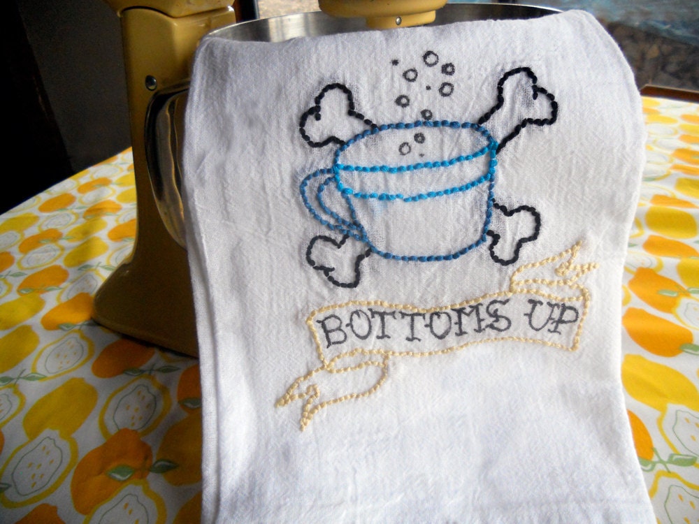 Hand Embroidered Sailor Jerry Tea Towel Flour Sack Rockabilly Toxic Skull 