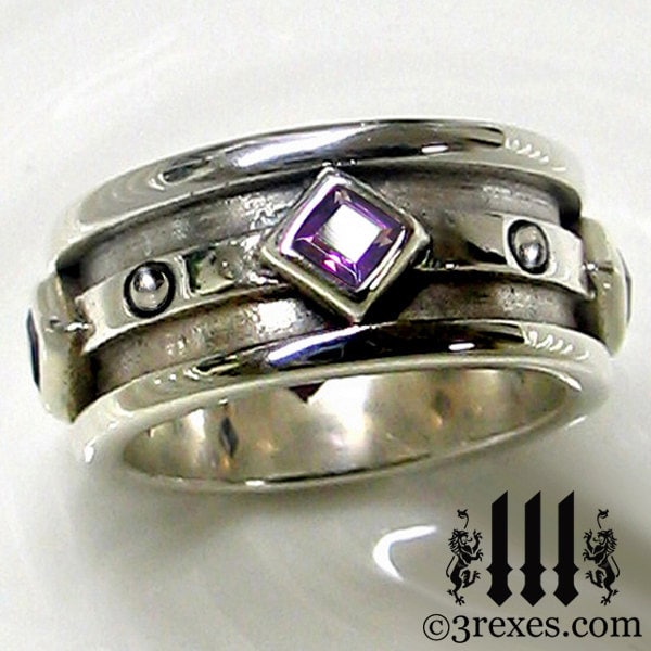 Mens Silver Wedding Ring Purple Amethyst Stone Moorish Gothic Sterling 