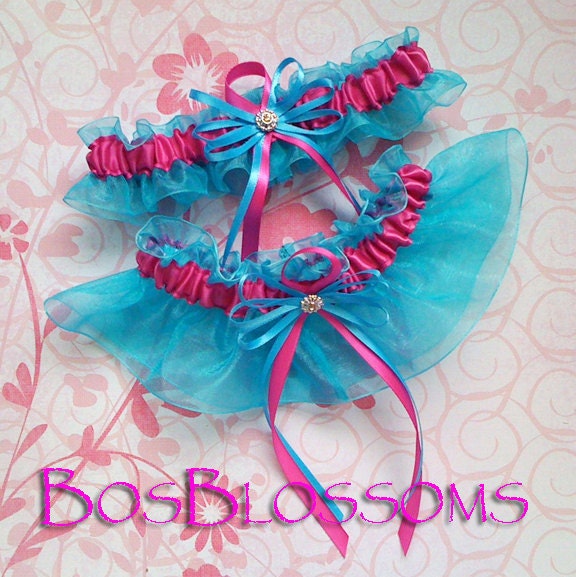 Fuchsia Hot Pink n Turquoise Organza Bridal Wedding Garter Set Keepsake Toss