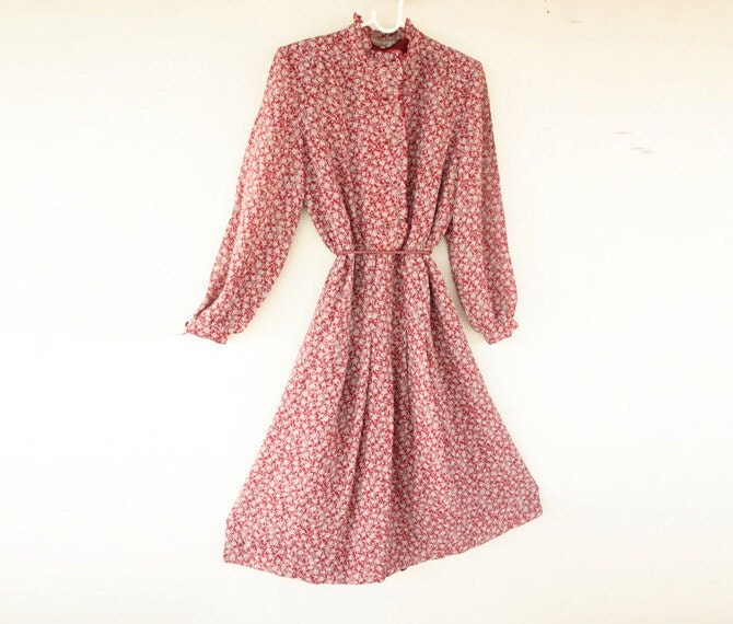Vintage 1980s Red Floral Long Sleeves Dress with raffle
