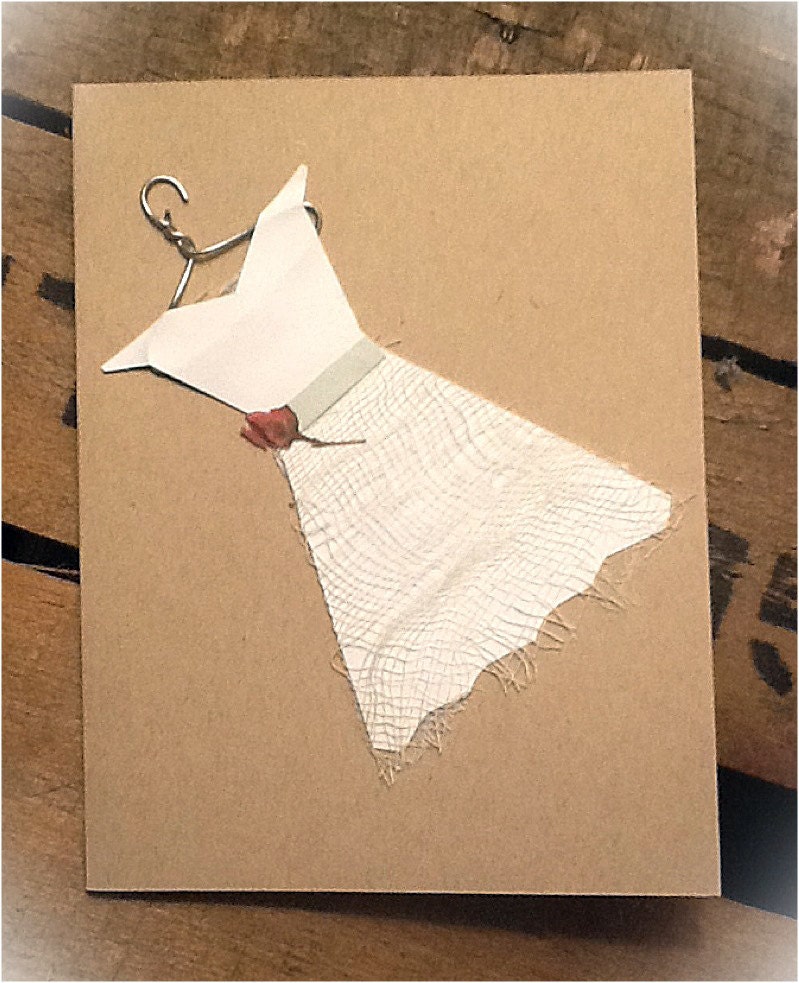 Handmade greeting card Vintage bridal wedding dress hung on nickel wire 