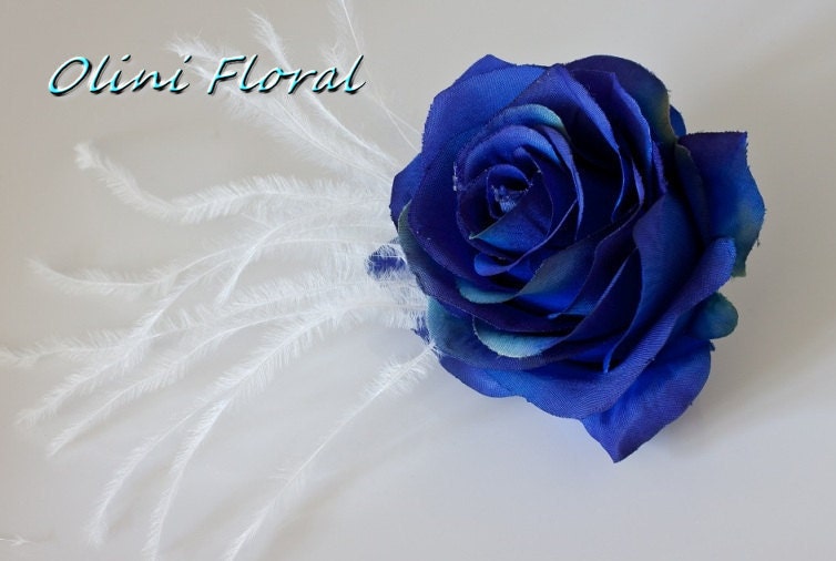 Deep Blue Rose Flower with Feathers hair Pin Comb Clip Brooch