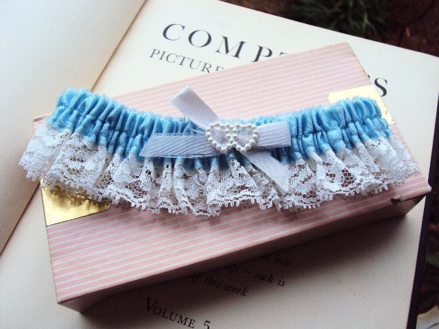 Vintage Bridal Garter Belt French Blue Ribbon and Pearls