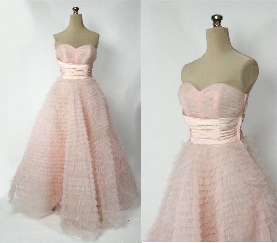 Vintage 50s Pink Wedding Dress Tiered Tulle XS S From ArtifactVintage