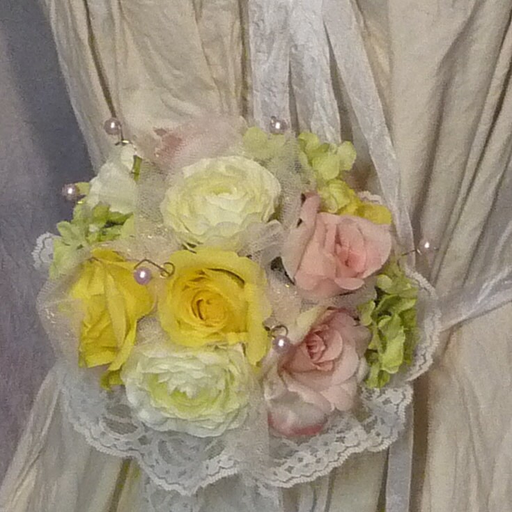 Spring Bridal Bouquet Silk Flower Lace Doily Ivory Pink Yellow 