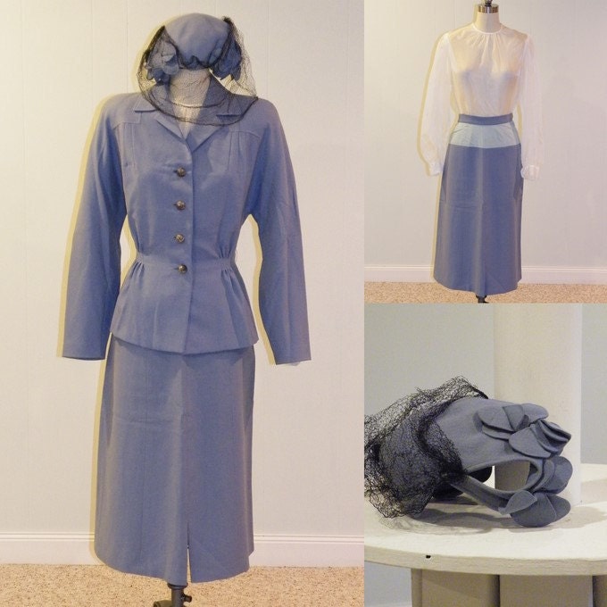 1940s 40s Wedding Dress Suit Set Periwinkle Blue Peplum Blazer Pencil Skirt