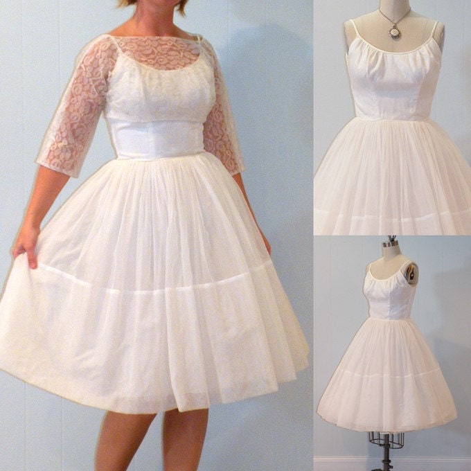 Vintage 50s Wedding Dress White Organza Cropped Floral Lace Bolero Jacket