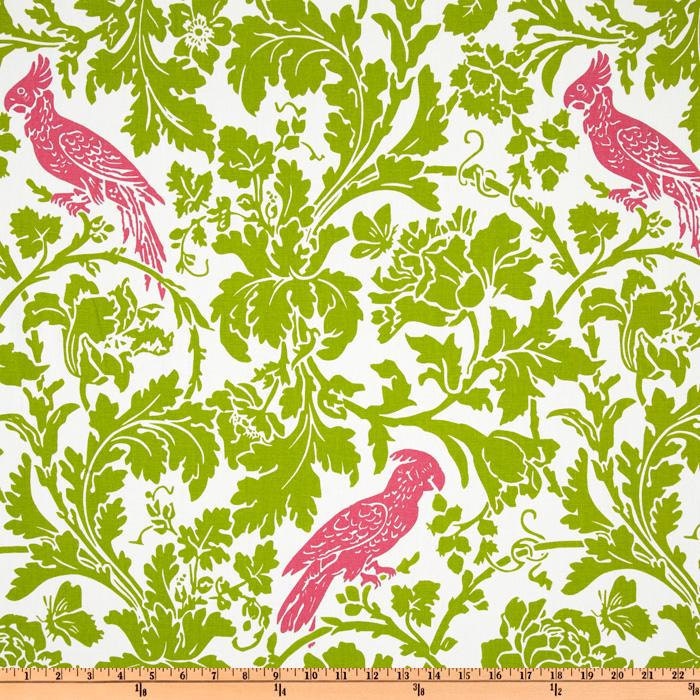 Lime Chartreuse Leaf Flower Damask Table Runner With Candy Pink Fuchsia Bird