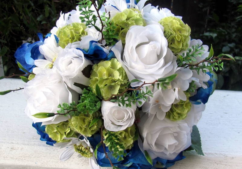 Silk Bridal Bouquet White Roses and Daisies Royal Blue Hydrangea