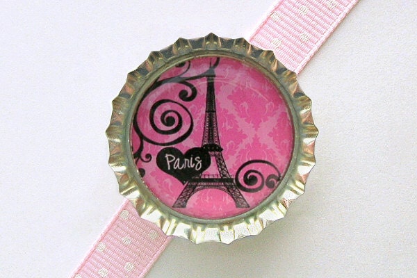 Pink Paris Eiffel Tower Damask Bottle Cap Magnet fridge magnet