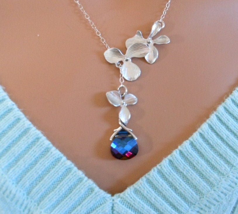 Silver Orchid Lariat Silver Orchid Necklace Heliotrope Crystal Wedding 