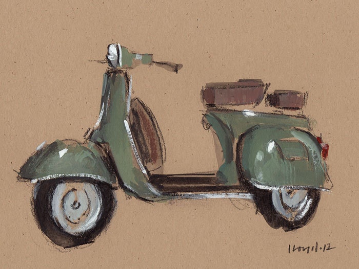 Original Painting Vespa Vintage Auto Watercolor Sketch Drawing 5x7 Line and