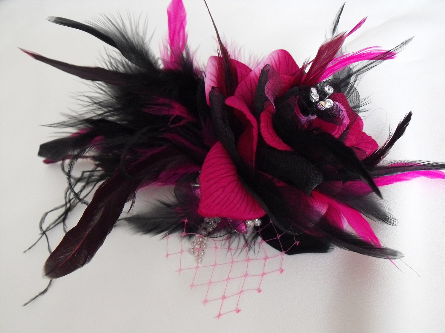 Hot pink and Black Fuchsia Headpiece and Birdcage veil :  wedding birdcage veil hair flower vintage fascinator and veil rose hot pink fuchsia veil black pink bridesmaids ceremony dress jewelry Il Fullxfull.304426343