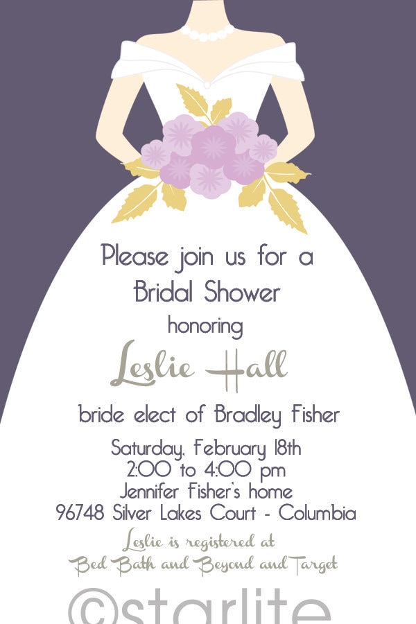 Bridal Shower wedding gown invitation Solid Plum background bridal 