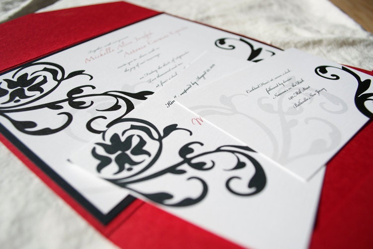 Modern Damask Wedding Invitation Red Black White From SparetireDesign