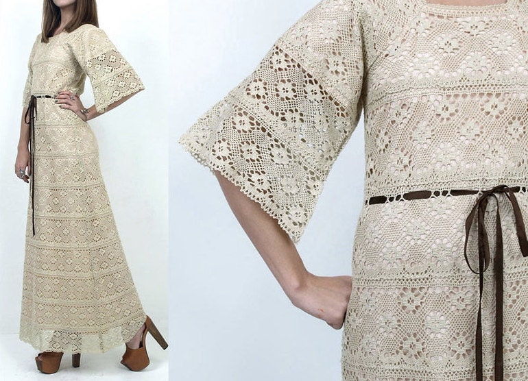 Vintage 1970s Ecru Crocheted Lace Bell Sleeves Hippie Boho Maxi Dress Size