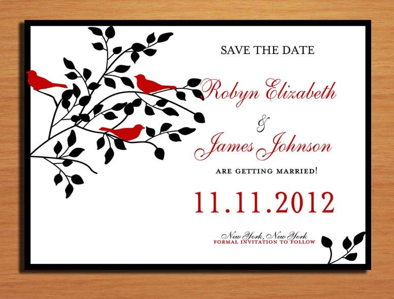 Red Love Birds and Black Wedding Save the Date PRINTABLE DIY
