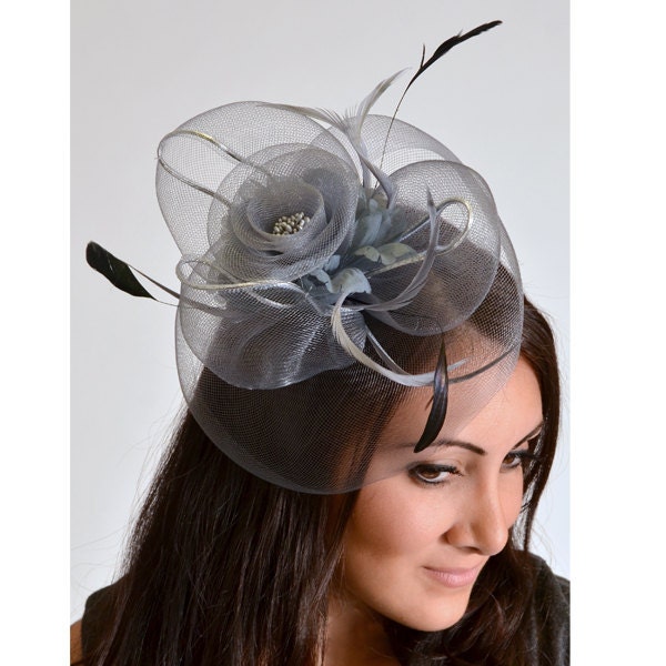 Gray Black or Ivory Mesh Rose Couture English Hat Fascinator Headband for