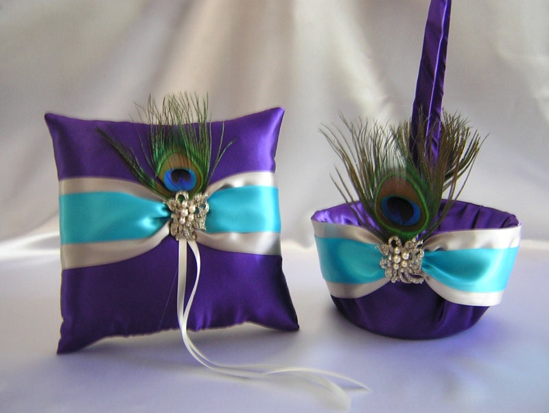 Peacock Feather Purple Turquoise Silver Flower Girl Basket Ring Pillow