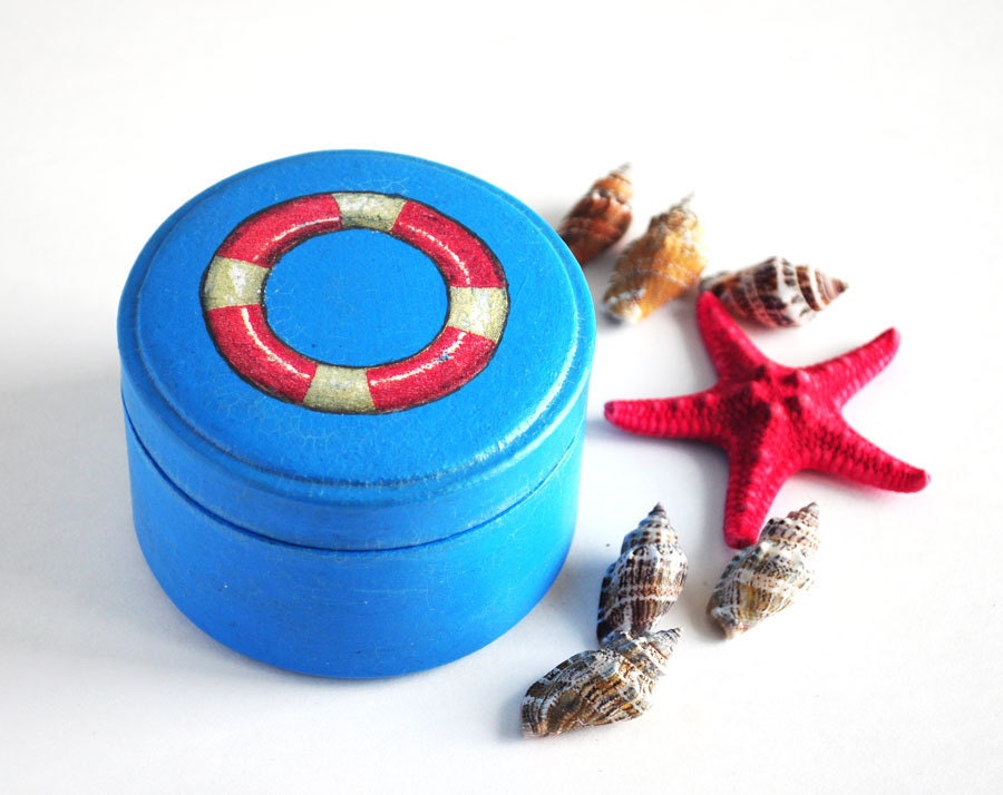 Nautical wooden box turquoise box for jewelry navy blue red ring buoy 