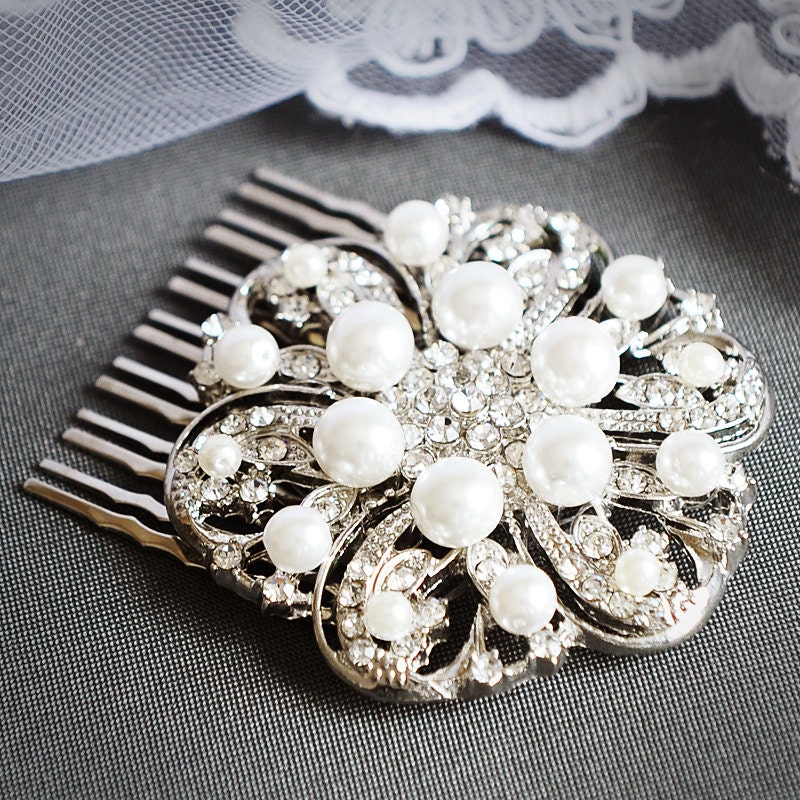 VERRIN Vintage Inspired Art Deco Wedding Hair Comb Silver Filigree Bridal 