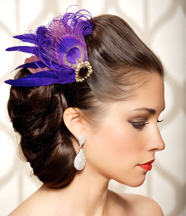 Violet Purple Peacock Bridal Hair Piece Hair Clip Veil Clip 