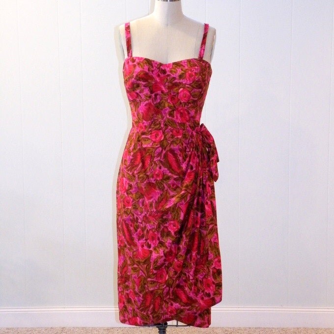 1950s 60s Dress Tori Richard Cotton Floral Hibiscus Print Garden Party 