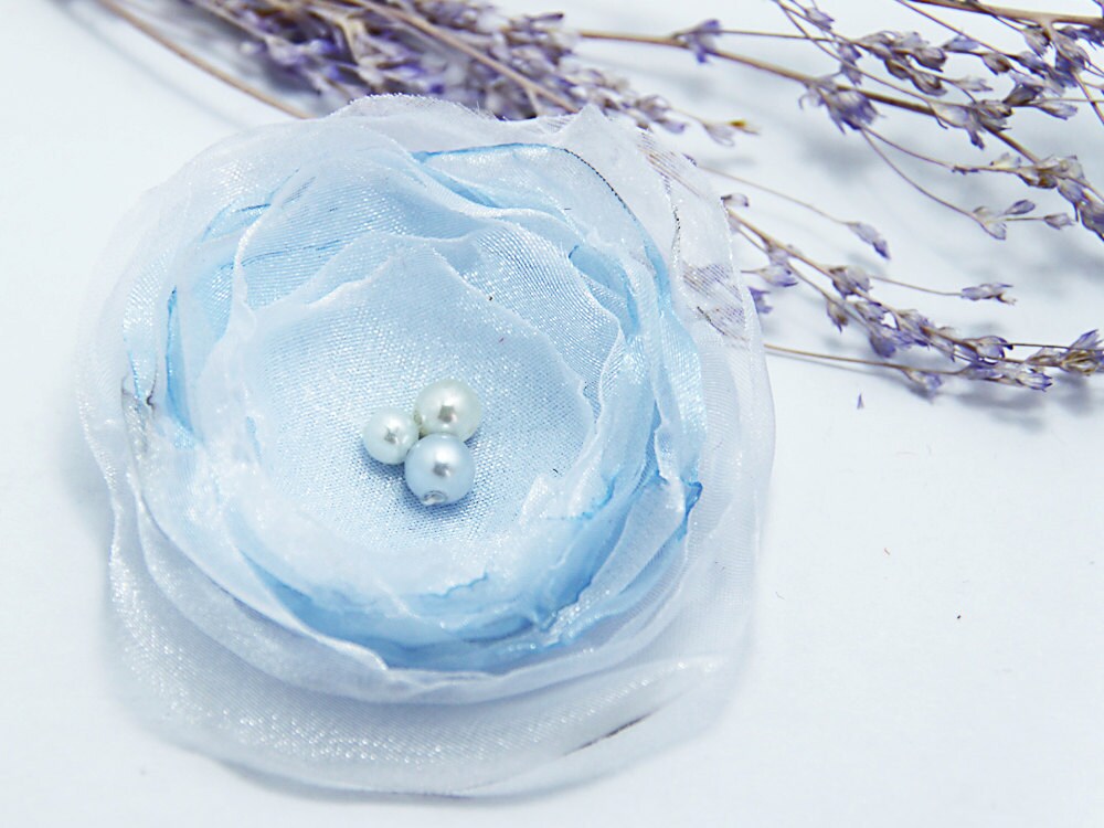 White and baby blue fabric flower brooch hair pin organza flower weddings 