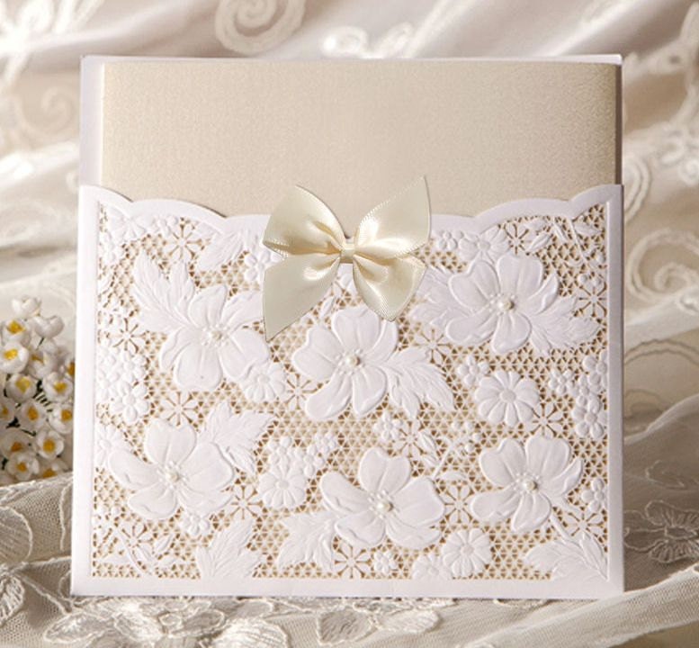 100 Pcs Elegant Pearl Lace Motif Pocket Ribbon Bow Wedding Invitation RSVP 