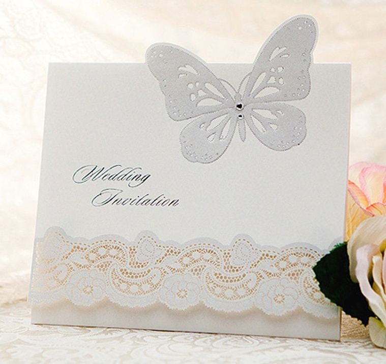 100 Pcs Elegant Crystal Butterfly Lace Floral Flower Wedding Invitation Card