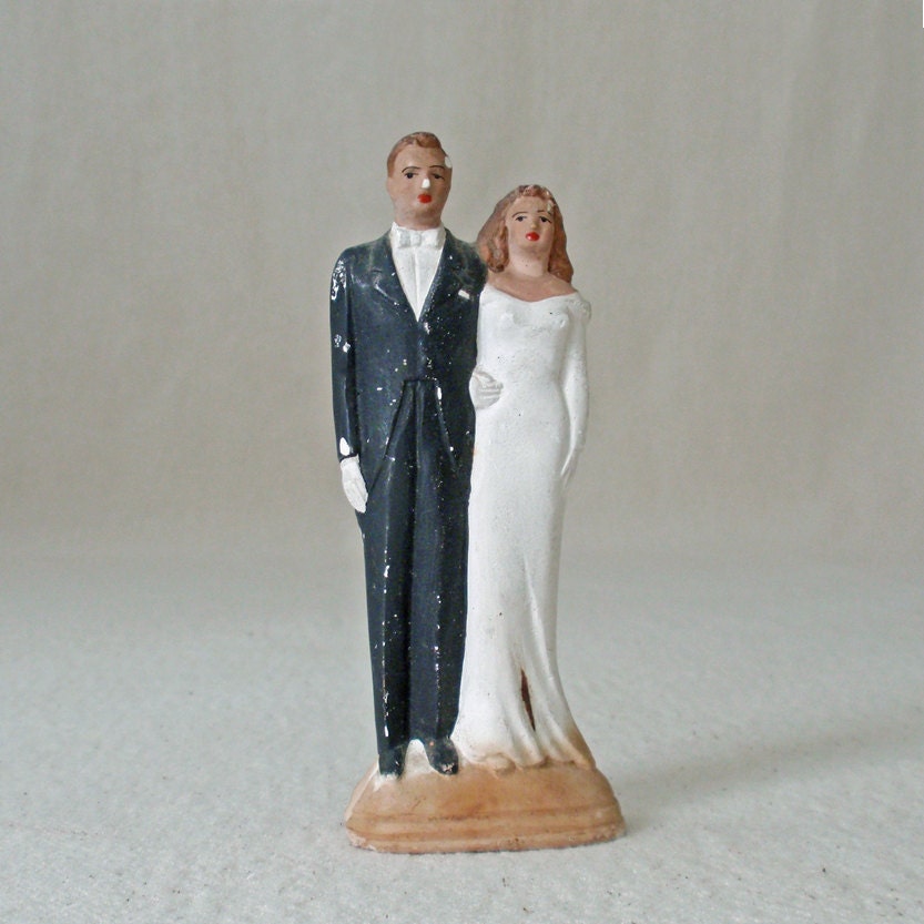 Vintage Plaster Bride and Groom Wedding Cake Topper From RattyAndCatty