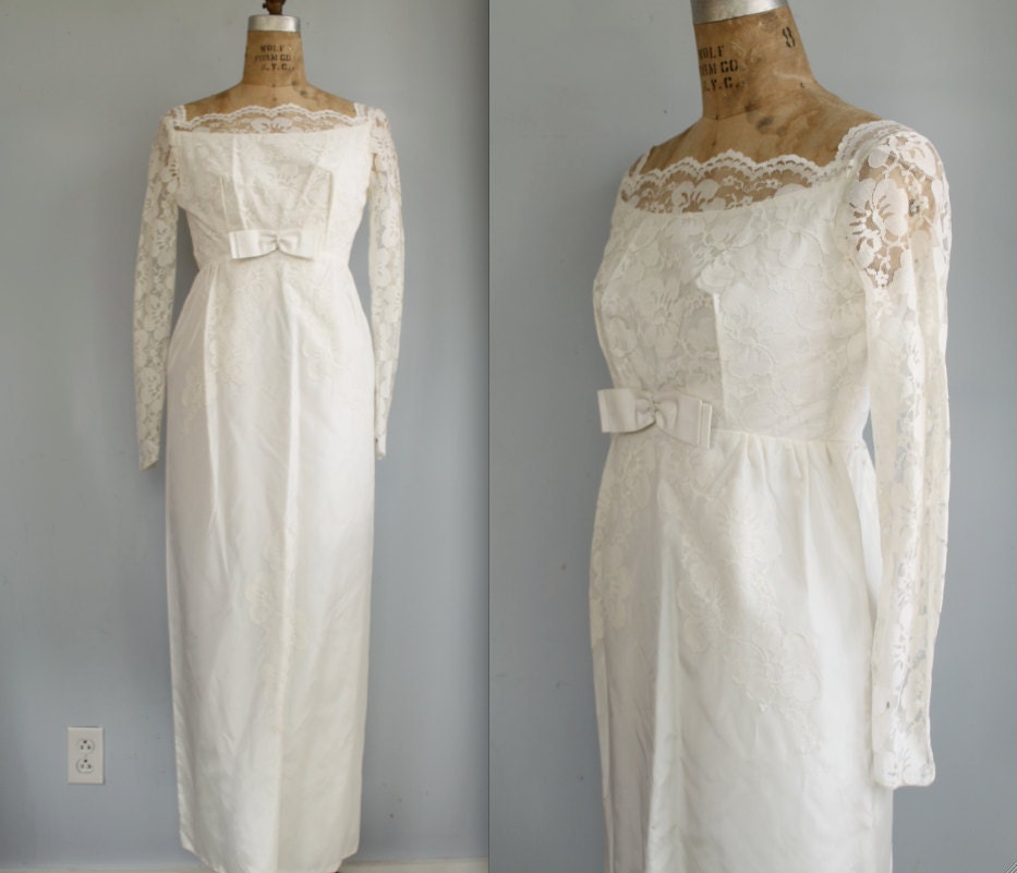 1960s vintage wedding gown empire waist lace over taffeta